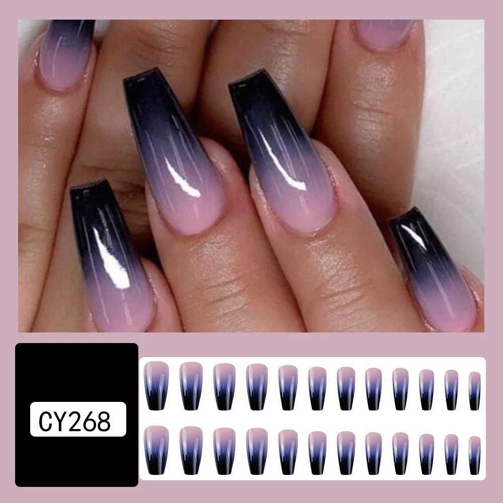 24 pieces of glossy medium length ballet dancer pressed nails pink and purple gradient fake nails artificial solid color fake nails W250410