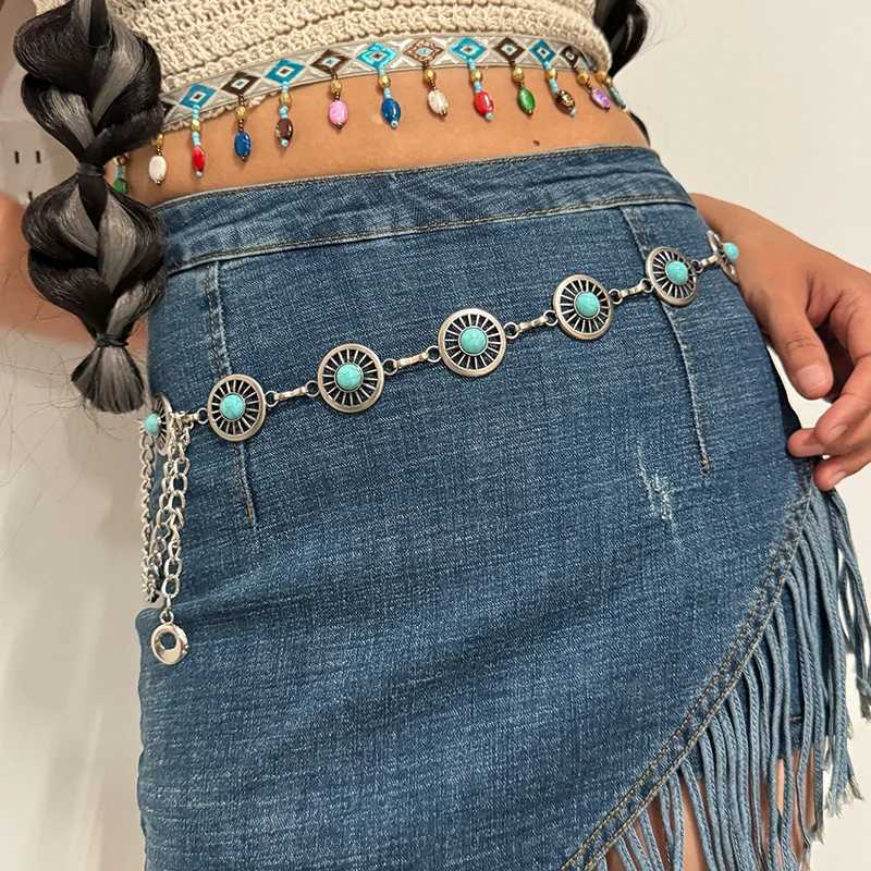 Fashion Silver Bohen Fem Round Waist Chain Luxury Blue Gemstone Elliptical Chain Belt Suitable for Womens Clothing X250410