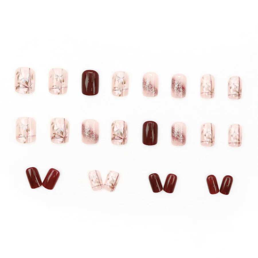 24 pieces of sparkling white flower press nails pink gradient fake nails smooth artificial finger manipulation reusable fake nails W250410