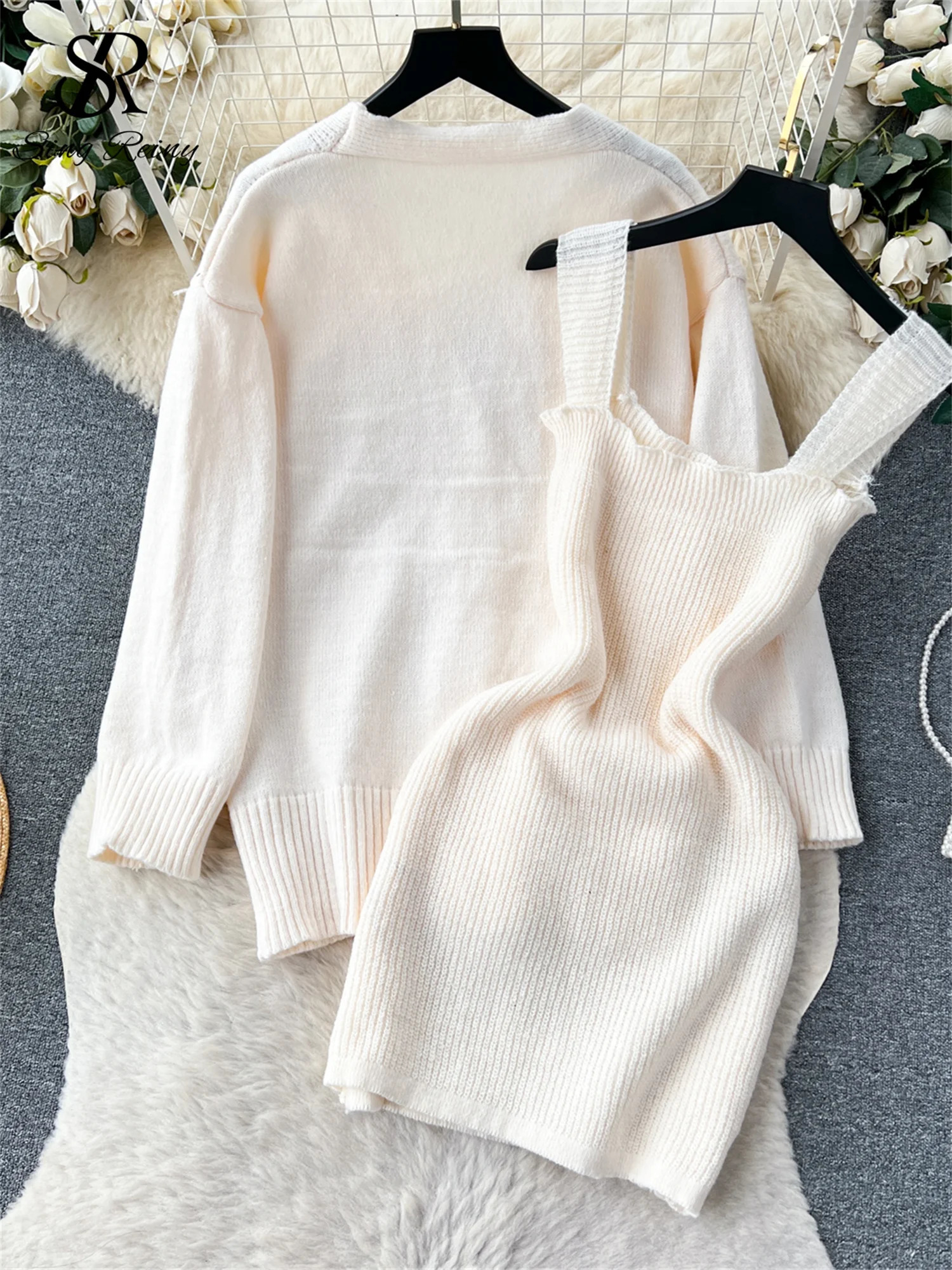 SINGREINY Fashion Korean Style Knitted Suits Casual Loose Cardigan Slim Mini Sweater Dress Autumn Women Warm Two Piece Sets 251110