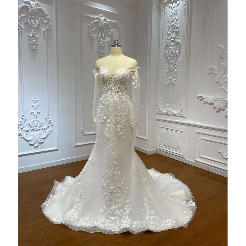 Customized M105 Simple Off The Shoulder Applique Lace Mermaid Bridal Dress With Detachable Skirt