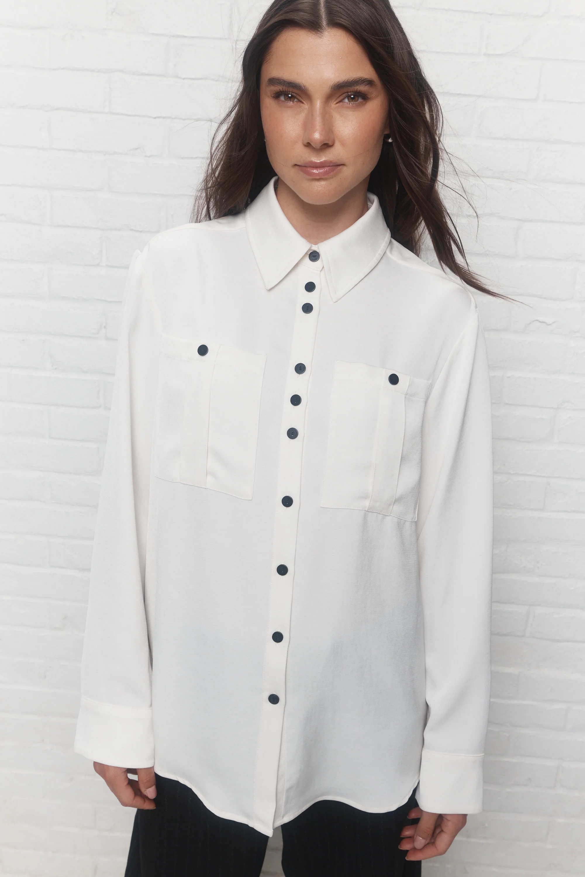 Women's White Loose Fit Stand-Collar Shirt, Long Sleeve Patch Pocket Rounded Hem Blouse