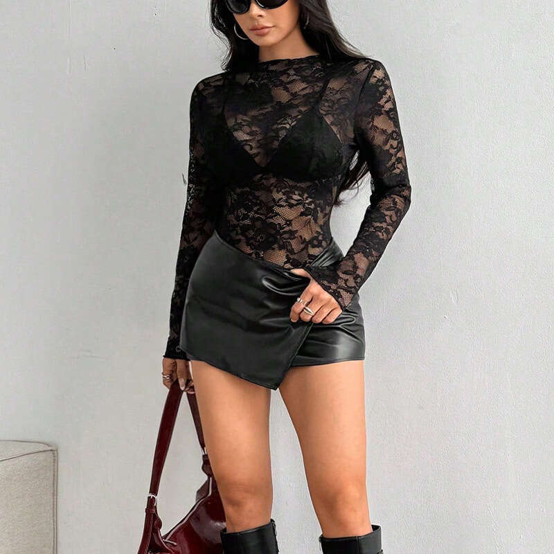 Rui Chuo Cross-Border Foreign Trade Lace Blouse 2025 Autumn European and American Long Sleeve Rose Jacquard Sexy Semi-Transparent Slim Fit Top for Wom