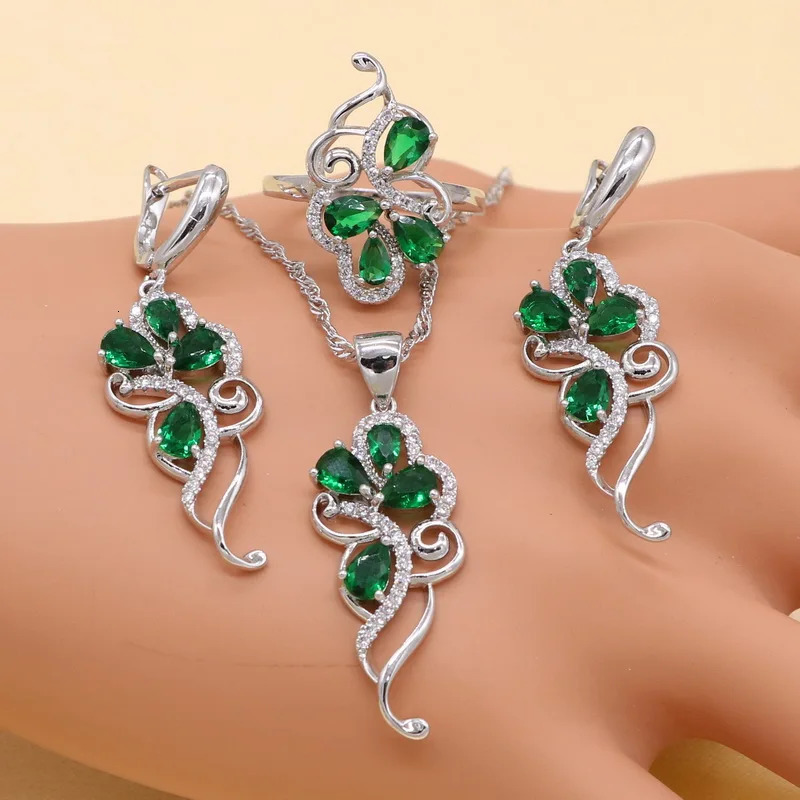 925 Sterling Silver Green Stones Cubic Zirconia Jewelry Sets For Women EarringsPendantNecklaceRingBracelet 250409