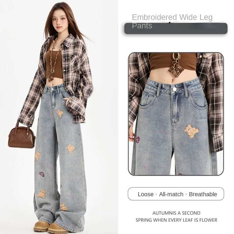 Y2K Loose Jeans Women Pants Casual Comfortable Retro Embroidery Bear Wide Leg Denim Trousers Streetwear Fashion C251110