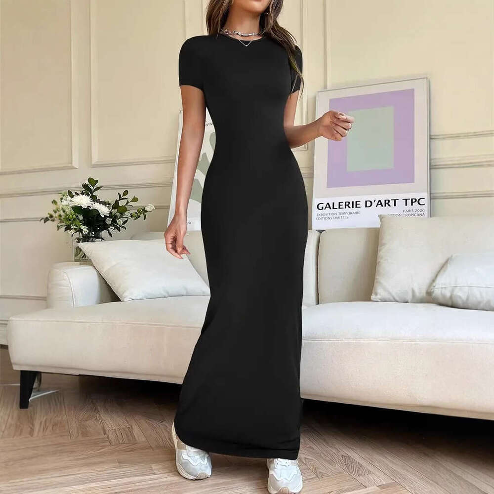 New Cross-Border Temu Amazon European and American Women's Fashion 2025 Spring Summer Export Solid Color Elegant Slim Short Sleeve Dress