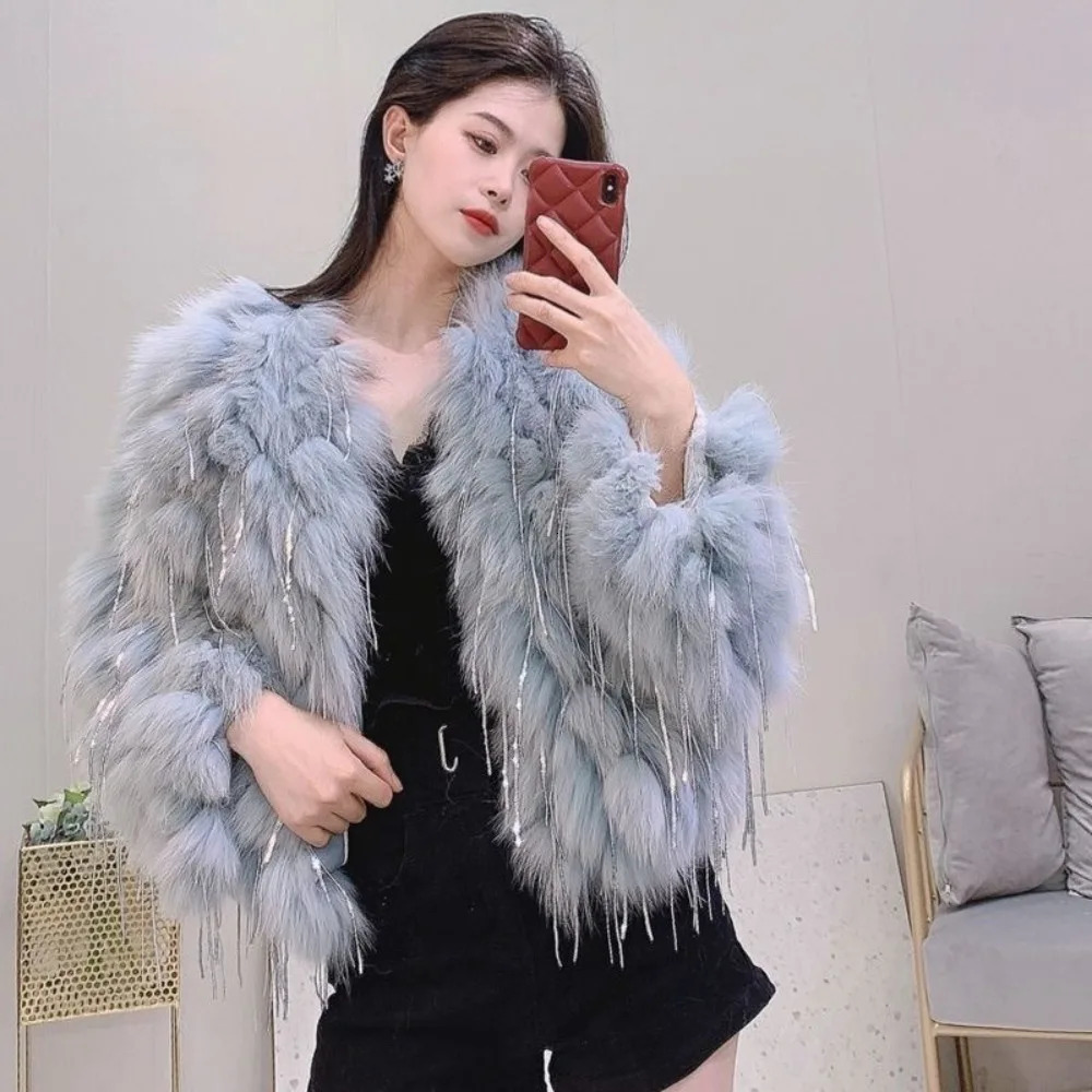 Natural Fur Coat Fashion Fox with Tassels Winter Warm Women Coats Real Jackets Thick sweet 251110