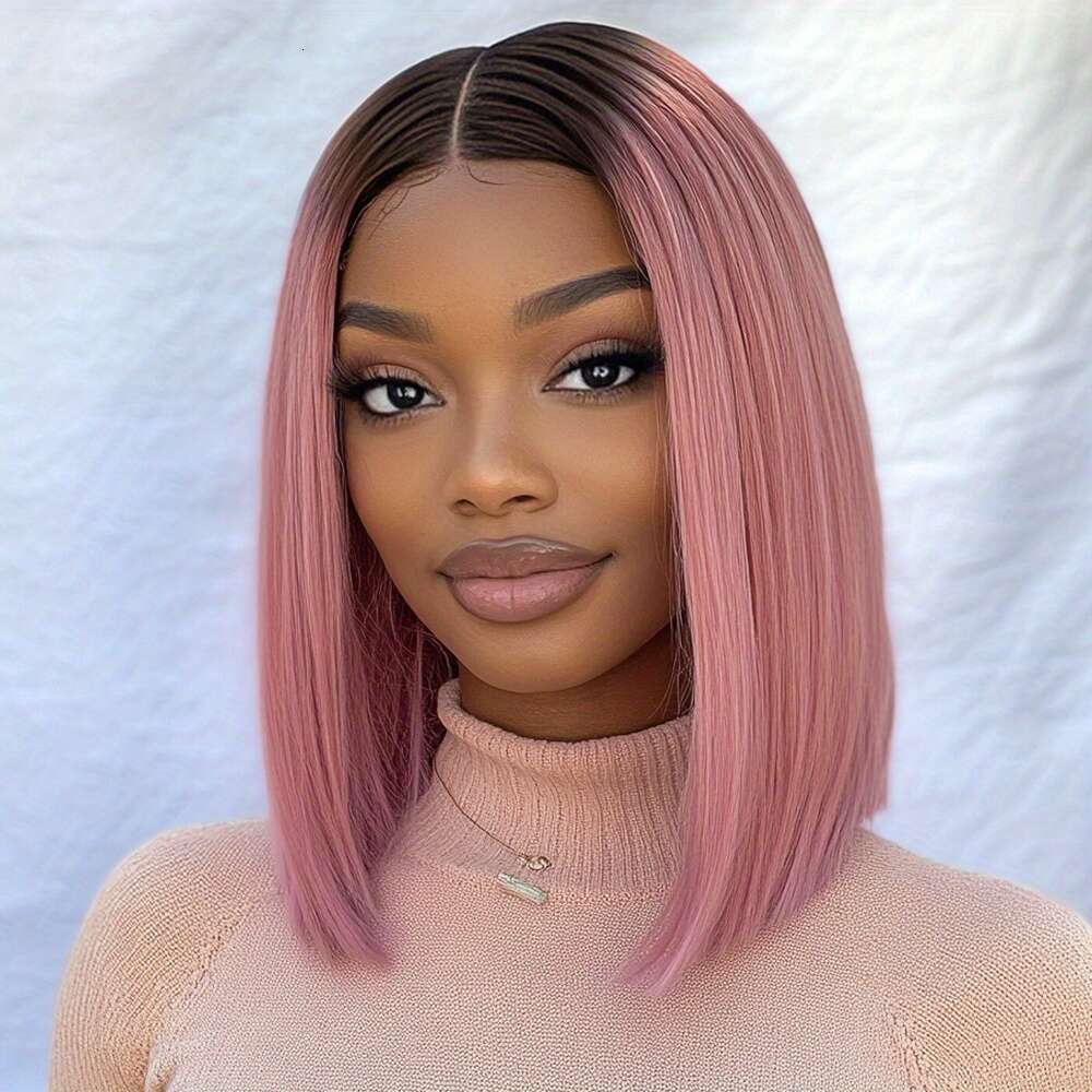 Natural Looking Human With Transparent Lace Front 13X6x1 Ombre Pastel Short Bob Cut, Bleached Knots Pre-Plucked - Lightweight Pink Hair Wig Women Men,