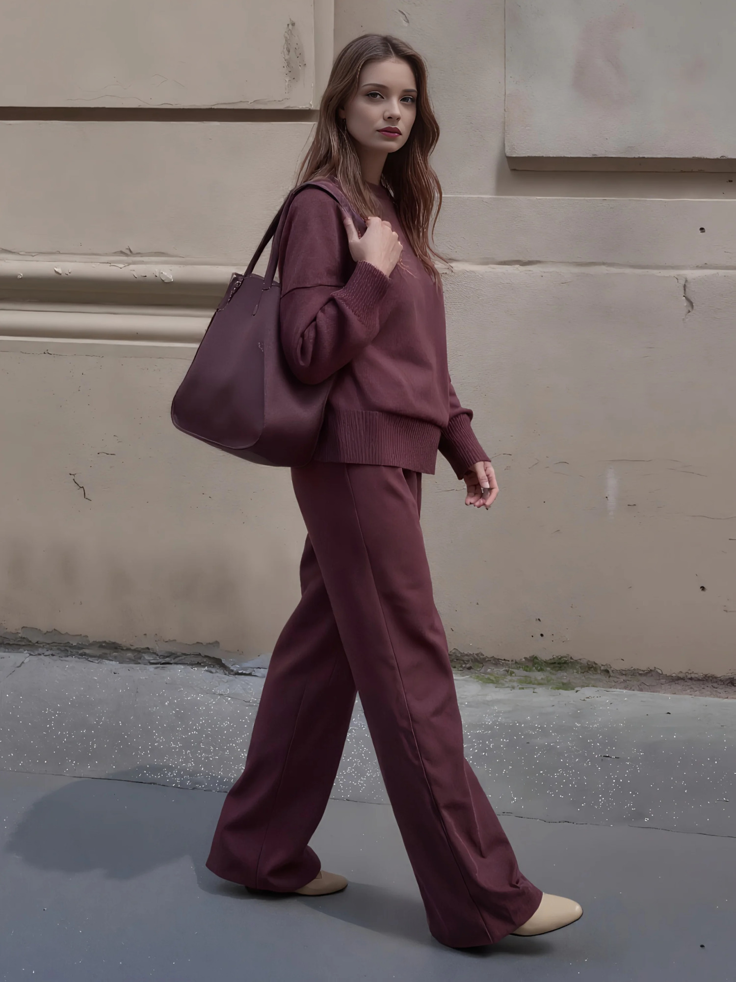 womens fashionable casual sportswear twopiece set wool wide leg pants 251110