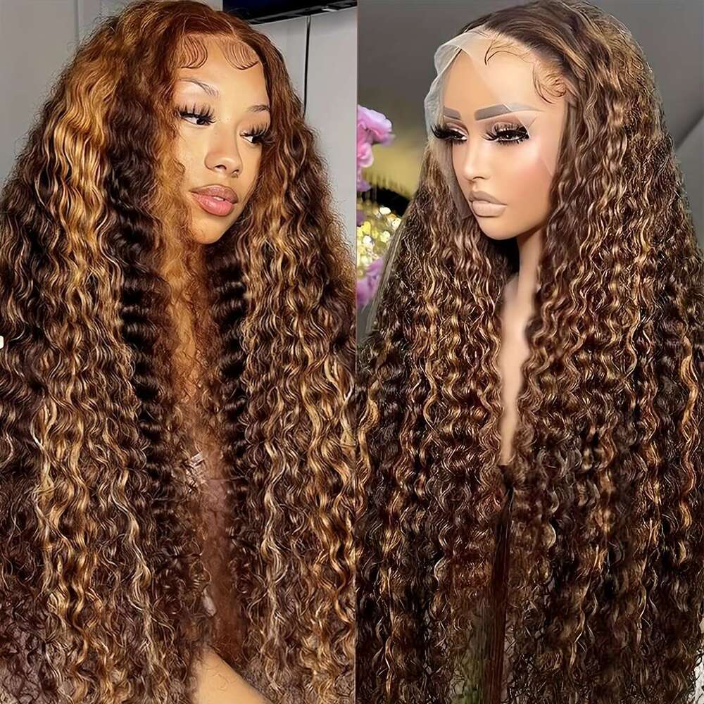 Women's 250% Density Glueless HD Frontal Wig Pre-Plucked Honey Blonde Ombre Highlights Deep Wave Curly Human 13X4 Lace With 4/27 Colored Real Hai