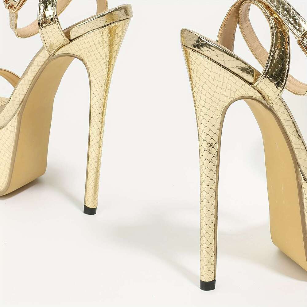Elegant Golden Snake- Beige-Like High-Heel Sandals Adjustable Ankle Strap With Buckle, Thick Platform Mule Round-Toe PU All-Season S For Parties, Wedd