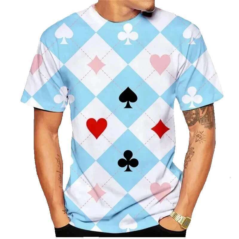 Men's summer short sleeved T-shirt, round neck, poker print, fashionable, sporty and casual, quick drying