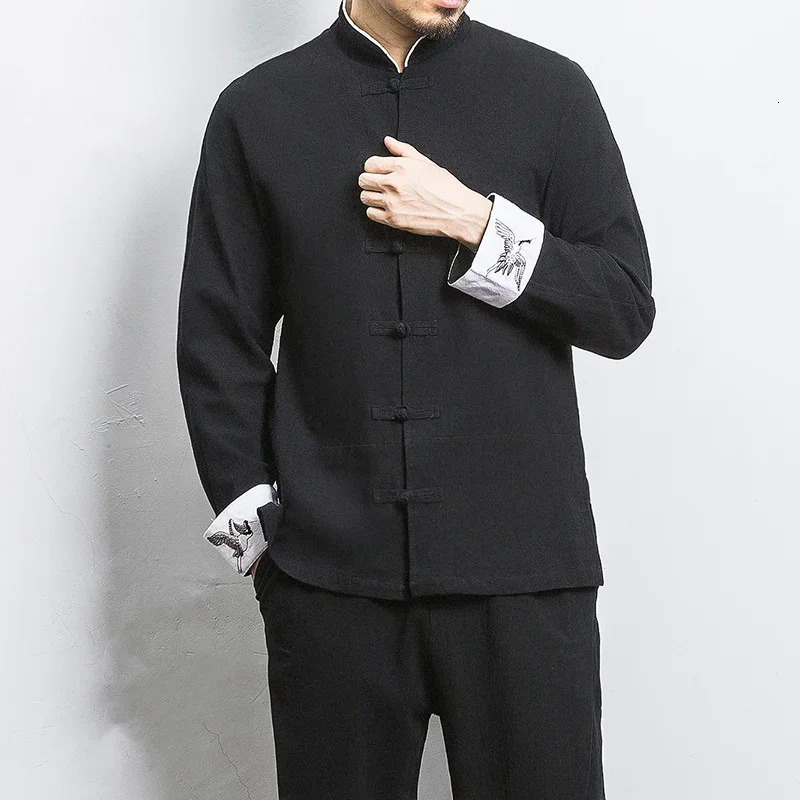 Crane Embroidery Top Traditional Chinese Clothing for Men Vintage Half Sleeve Linen Shirts Solid Madarin Collar Hanfu Kungfu 250408