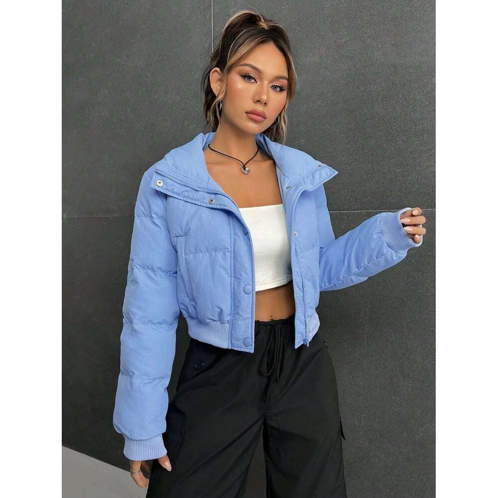 Women's American-Style Stand-Up Collar Zipper Cotton-Padded Spring Warm Short Bread Jacket Casual Outerwear
