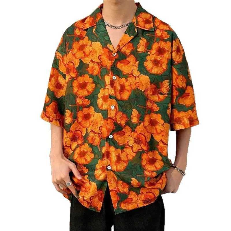 Mens retro floral shirt loose Hawaiian style beach short sleeved shirt X250410