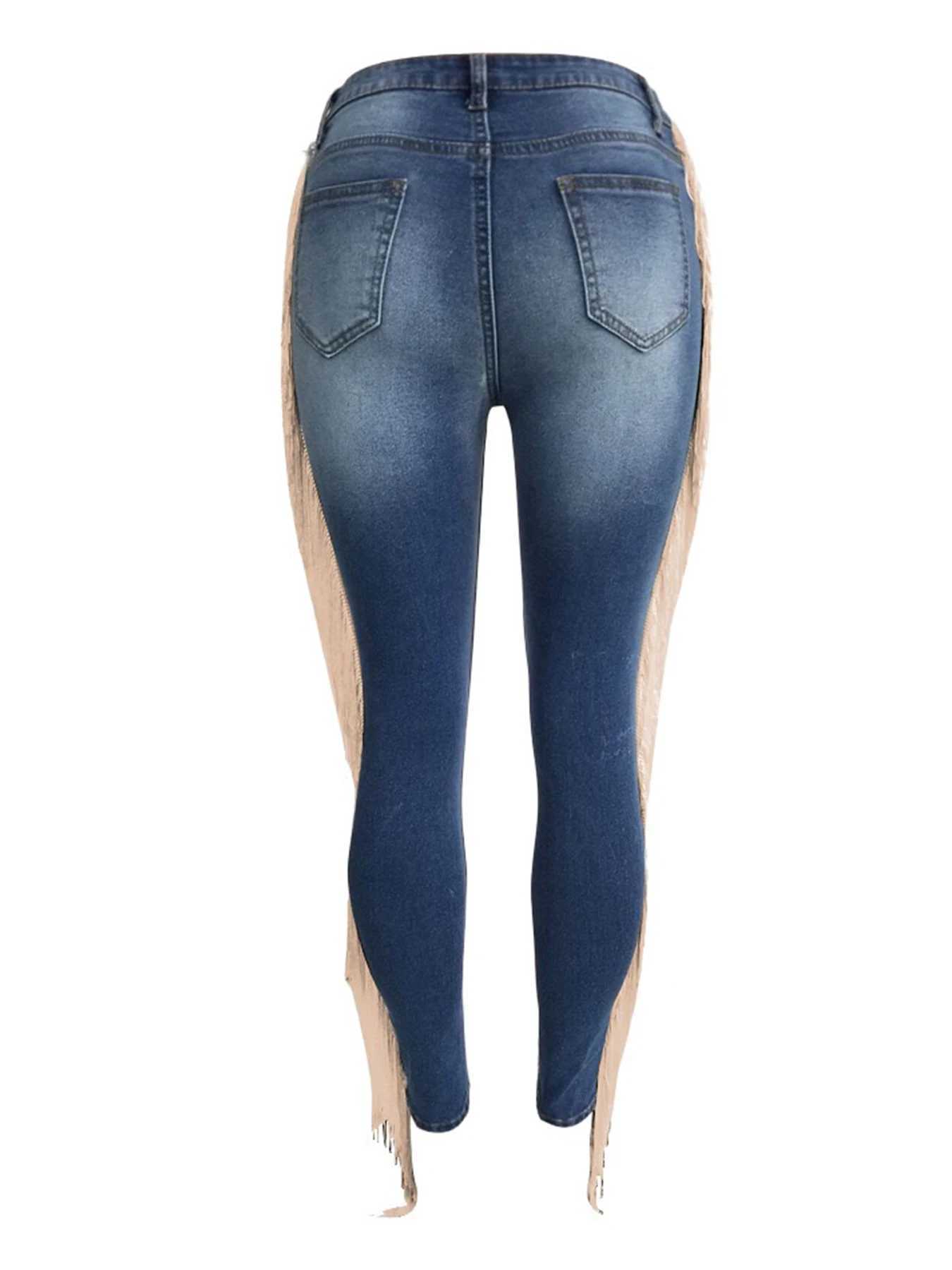2025 New Womens High Waist Elastic Hole Slim Jeans Wool Tassel Washed Distressed Jeans Y2K Style Hip Lift Design C251110