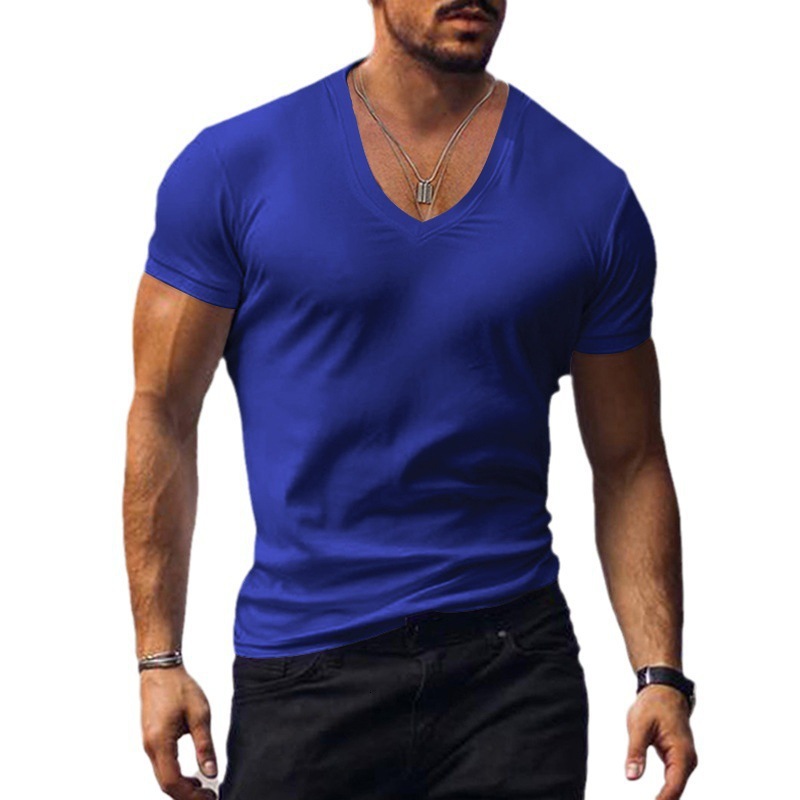 Mens summer mens V-neck solid color slim fit casual short sleeved top