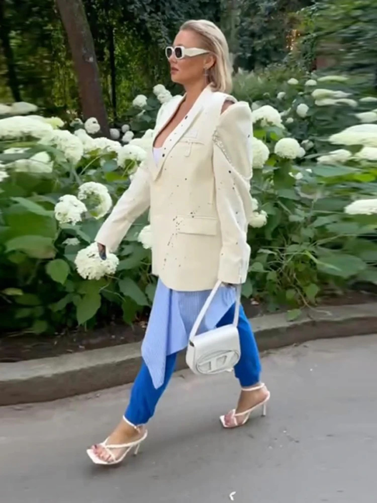 Graffiti Hollow Out Off Shoulder Coat Woman Loose Print Lapel Single Breasted Long Sleeves Jacket Casual Chic Womens Suit Coats 251110