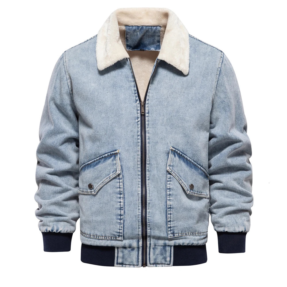 AIOPESON Autumn Mens Winter Fur Collar Jacket Warm Thick Wool Jeans and Coat Casual Fashion Denim 250401