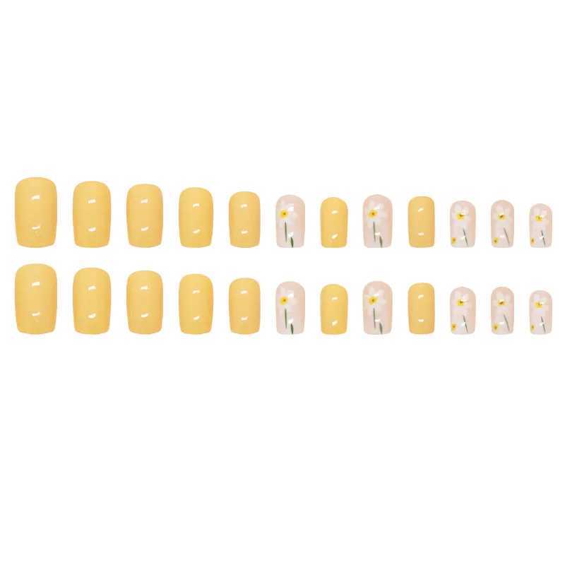 24 yellow flowers pressed on nails pink gradient fake nails smooth artificial fingers ergonomic reusable fake nails for women W250410