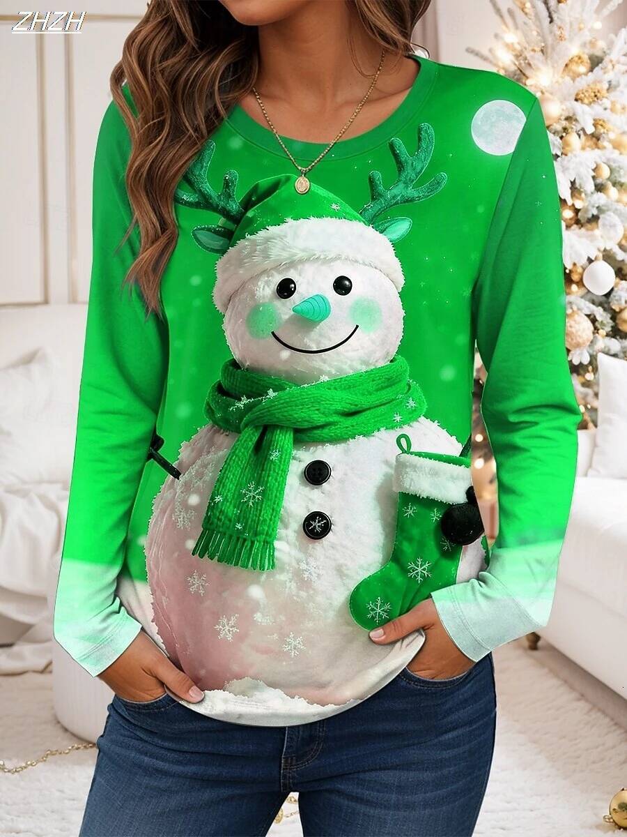 Ddmytues Christmas Women's Festive Snowman Print Long Sleeve, Holiday Graphic Top, Round Neck Casual Style, Fall Winter Seasonal Wear