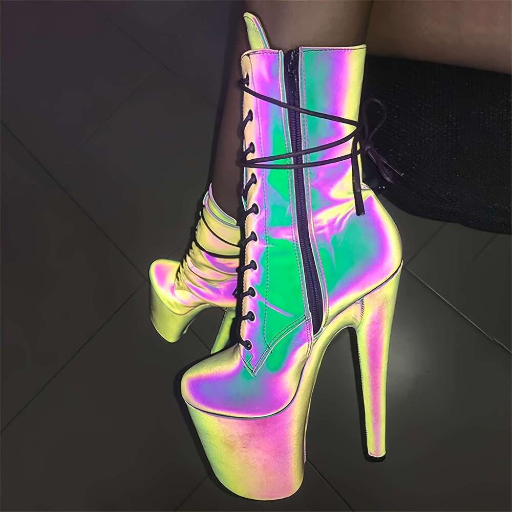 EXOHEELS Women's 8" 20Cm Iridescent Rainbow Glossy Pole - Full-Zip Ankle Strap Stiletto PU Cover Round-Toe For Stage, Nightclub, Party & All