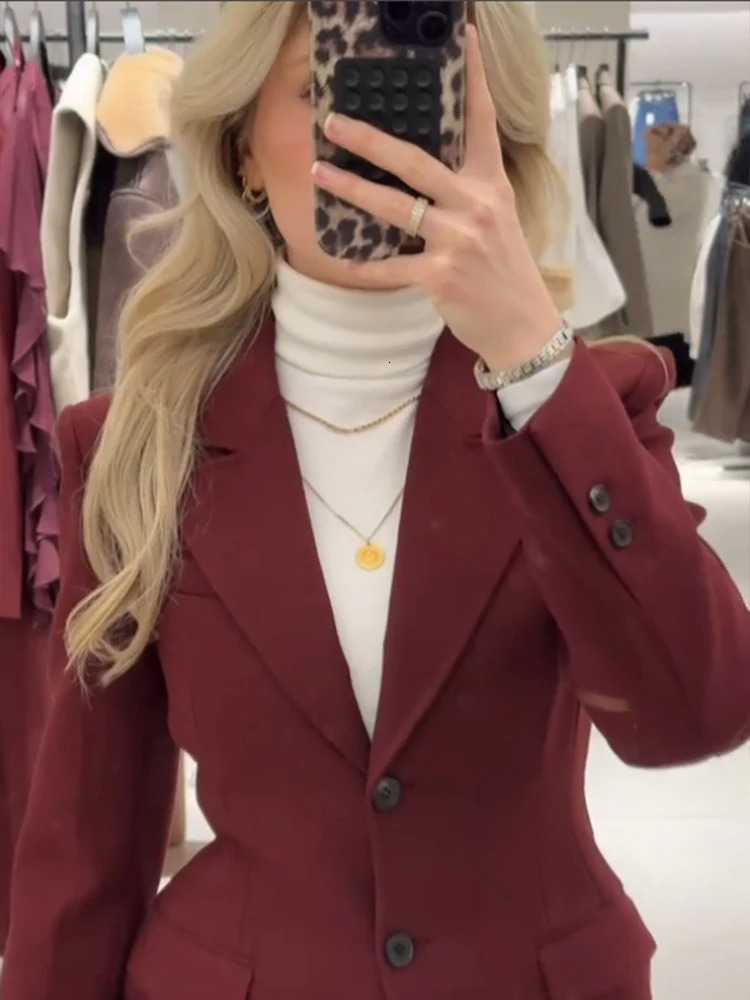 Burgundy Red Long Coat Womens Collar Single Button Full Sleeve Jacket 2025 SpringSummer Office 250407