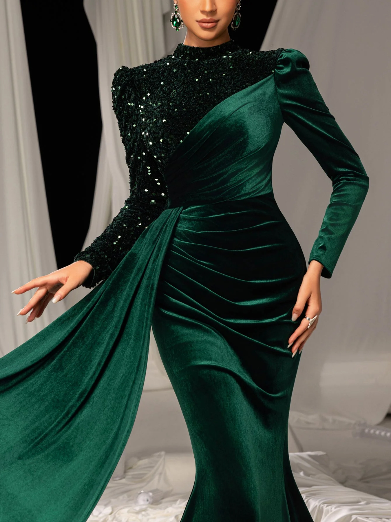 Women's Elegant Luxurious Velvet Sequin Mermaid Gown, Puff Shoulder Draped Strap Bodycon Maxi Dress---D348