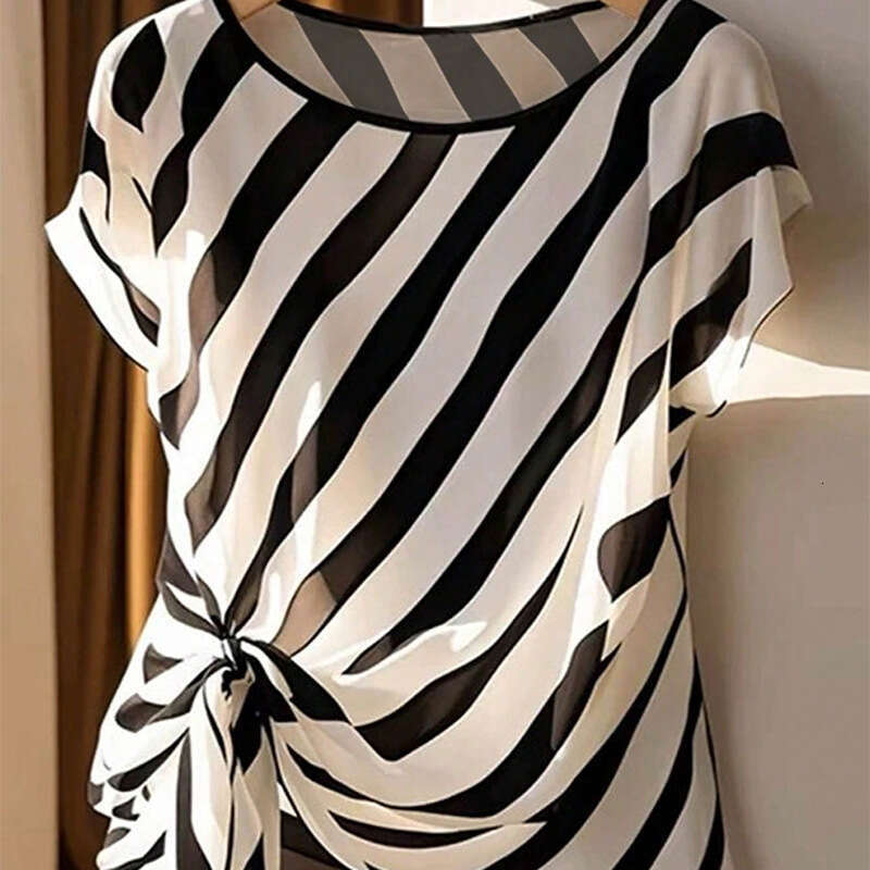 Cross-Border Amazon Foreign Trade Wish Women's Clothing 2025 Summer European and American Vacation Style Twill Shirt Tie Short Sleeve Top