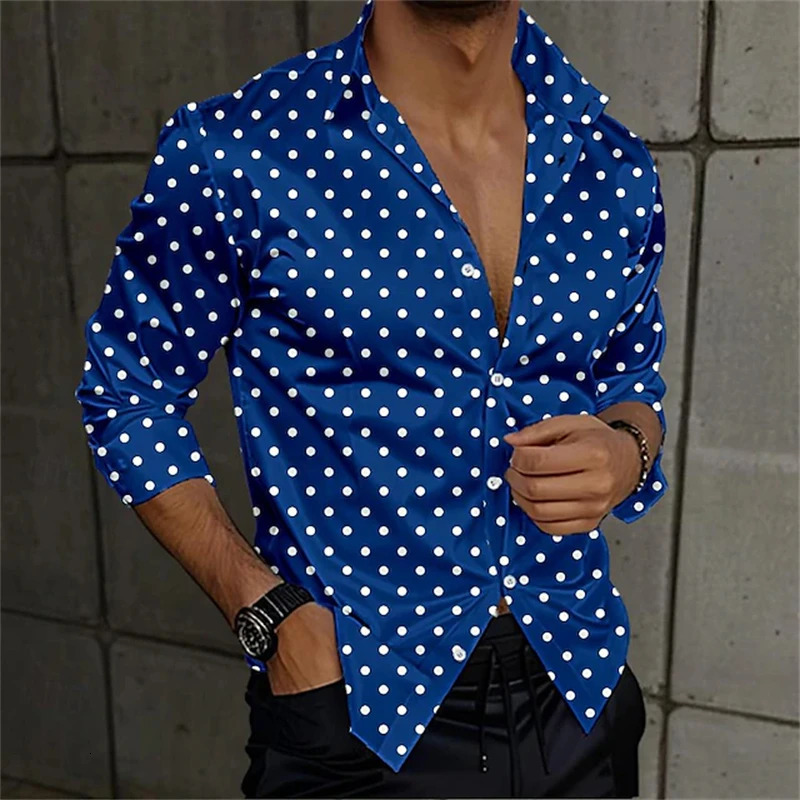 Fashion Mens Elegant Shirt Spotted 3D Printed Lapel Button Up Classic Long Sleeve Shirt Temperament Mens Partywear 250408