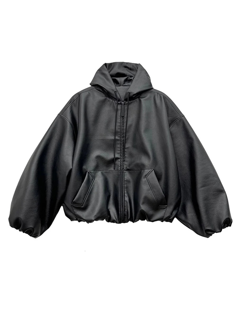 Korean Fashion Short Oversized Black Soft Pu Leather Jacket Coat Women Winter Hoodie Zipper Jacket Loose Casual Clothes 251103