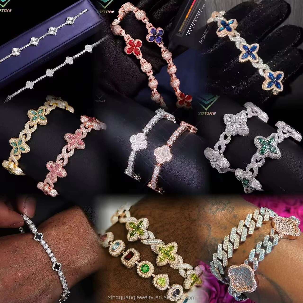 Hip Hop Jewelry 18k Gold Plated 925 Sterling Silver VVS Moissanite Clover Bracelet with GRA Certificate