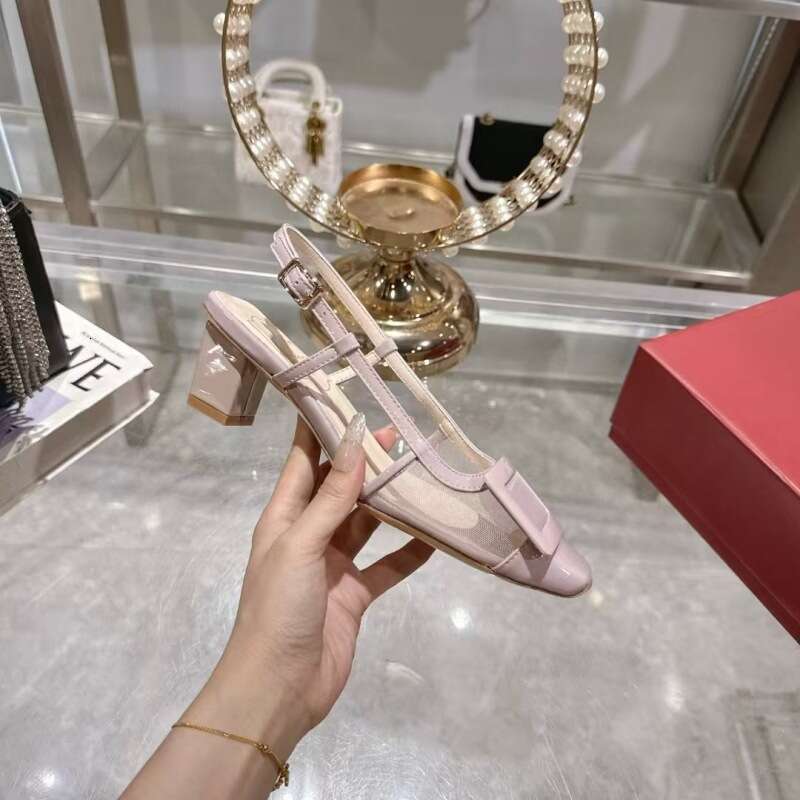 2025 New Version Chunky Color Block Metal Buckle Closed Square Toe Mesh Backless High Heel Sandals Patent Leather Women