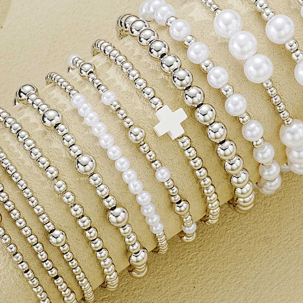 16Pcs/Set Vintage Silver Color Beaded Bracelet Sets For Women Elegant Imitation Pearl CCB Cross Bracelets Female HipHop JewelryT251110