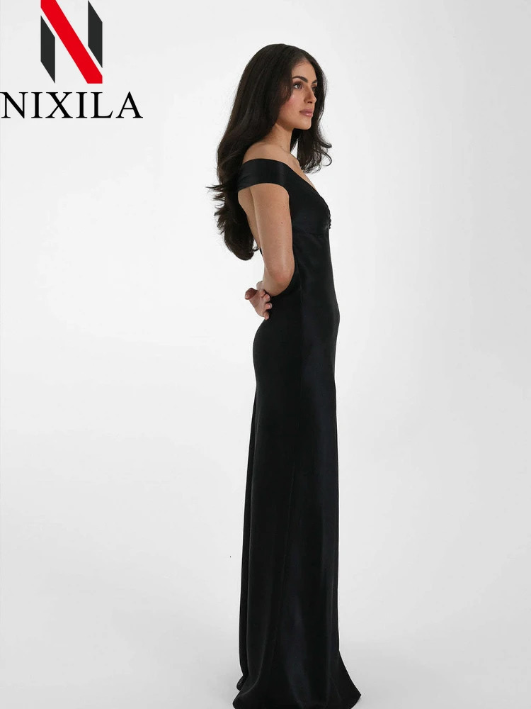 summer satin bow backless sexy womens long skirt fashionable V-neck sleeveless club party evening gown elegant clothing 250403