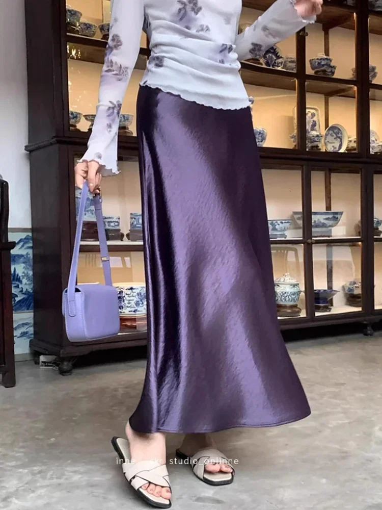 Womens skiing elastic waist spring satin silk acetate Aline elegant solid purple long fishtail skirt 250407