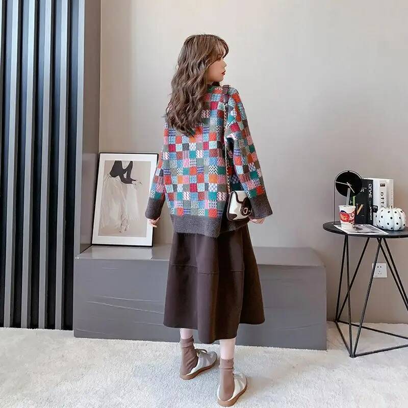 Vintage plaid for women 2023 o neck autumn and winter loose long sleeve plush knitwear sweater pullover female tops dongdumaoyi