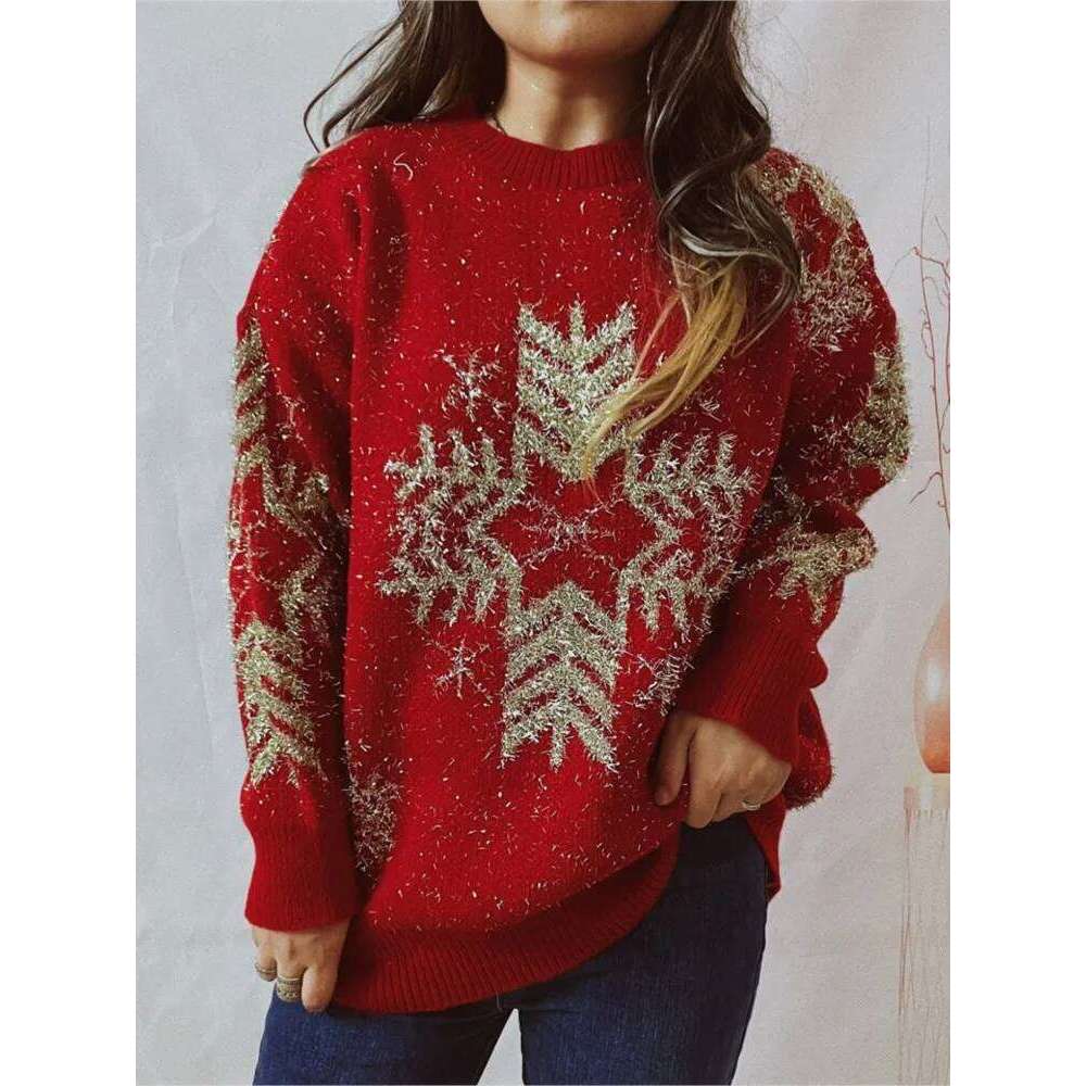 Loose Gold Thread Big Snowflake Christmas Sweater Round Neck Long Sleeve Thickened Pullover For Women Casual Trendy Pulls Femmes Designer Sweater Wome