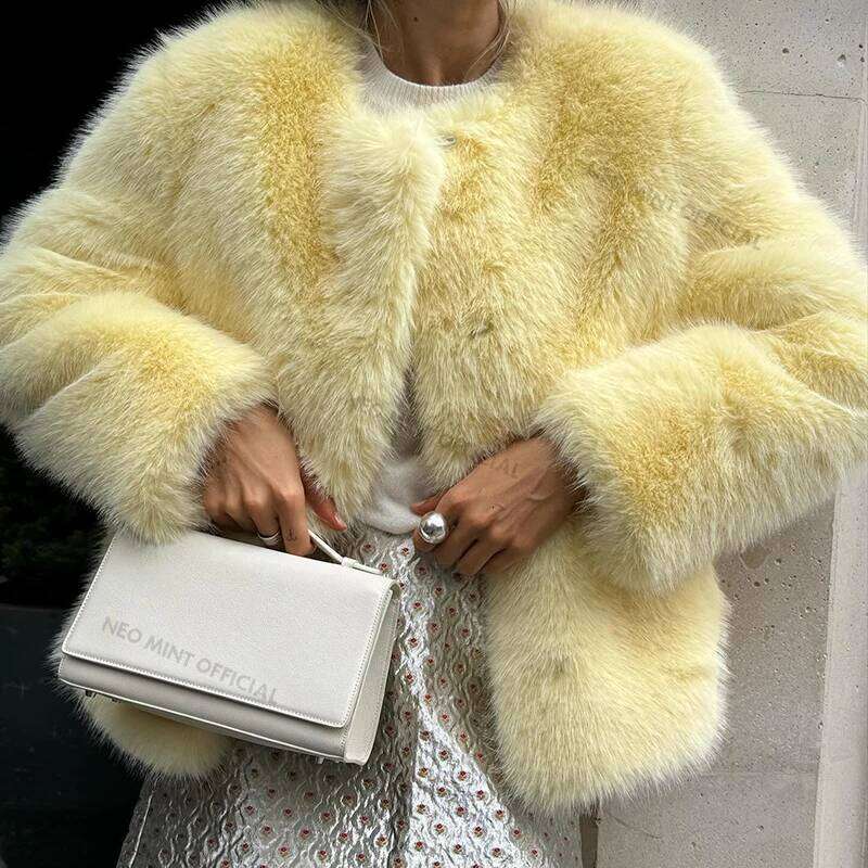 Neo Mint Cool Street Girls Winter Fashion Fluffy Fox Jacket Women Casual Round Neck Faux Fur Coat Chic Thick Warm Outerwear