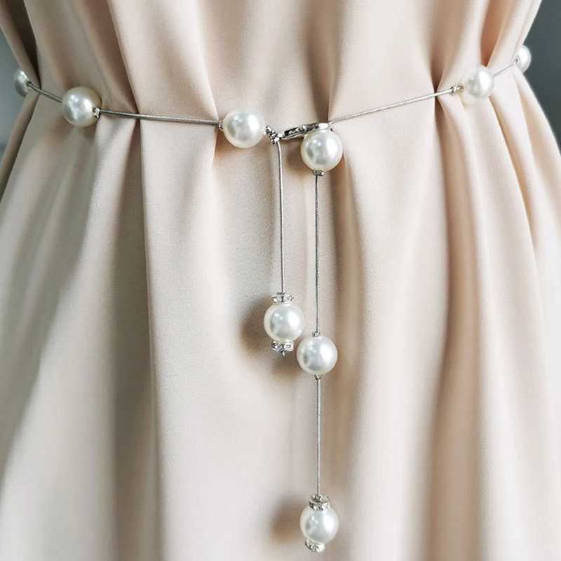 Gold/silver adjustable metal elegant pearl with thin chain strap womens dress tight waistband decoration jewelry X250410