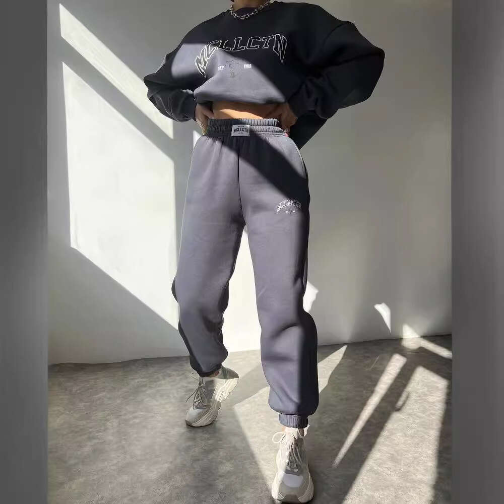 2024 European and American women's casual fashion printed thick suit with fleece hoodie long sleeved pants set