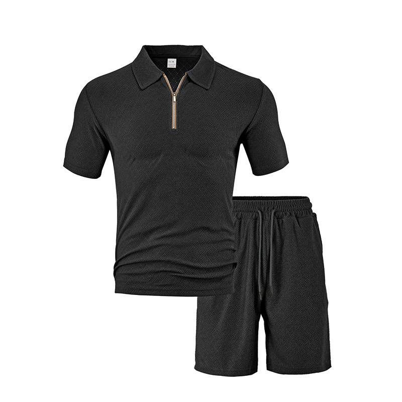 New solid color jacquard multi-color fabric loose short sleeved top casual versatile mens set
