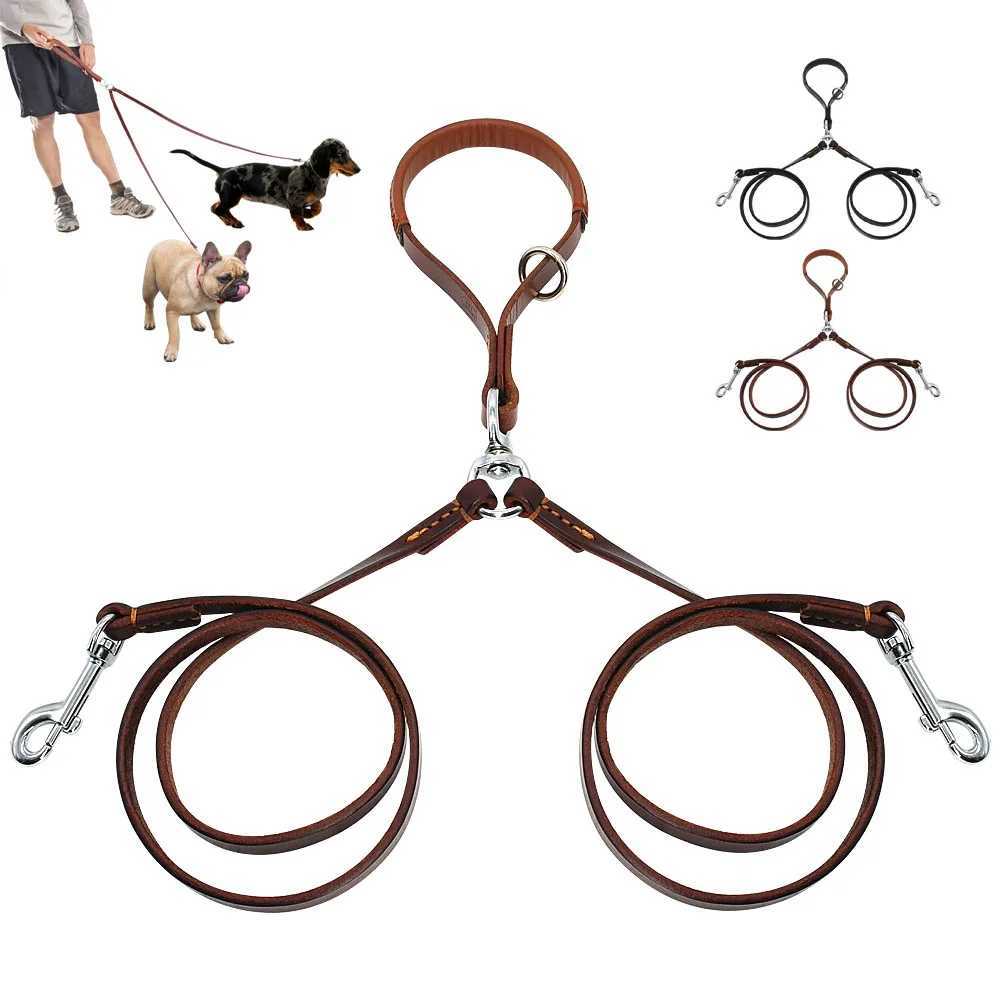 Double Dog Leash Genuine Leather Dual Dog Leash 360 Swivel Walking Training Leash For Two Dogs Soft Handle J251110
