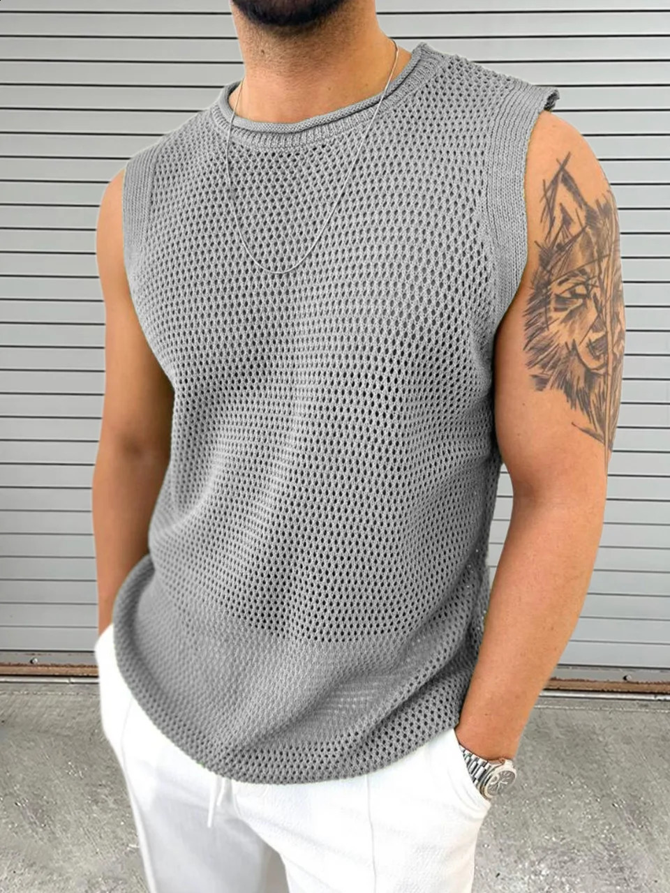 2025 Fashion Summer Knitwear Mens Round Neck Sleeveless Hollow Pullover European and American Tank Top 250407