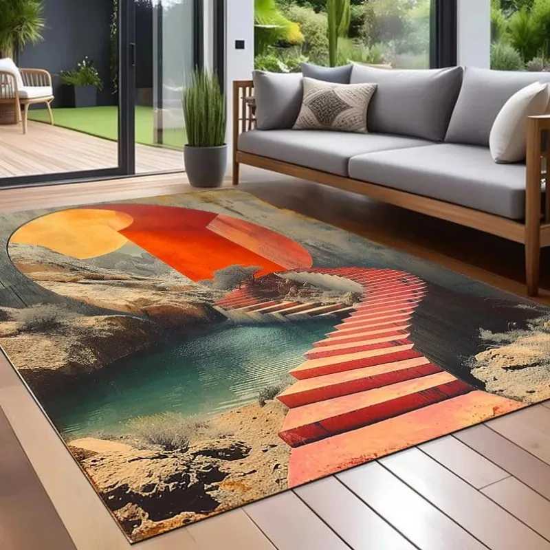 70s Retro Burnt Orange Carpet Earthy Brown and Cream Geometric Mid Century Modern Indoor Outdoor Patio and Porch Decor Area Rug Y251110