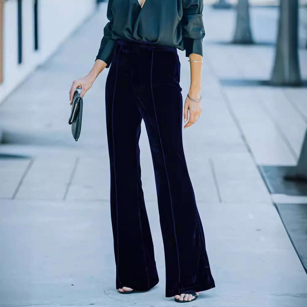 Cross-Border Independent Station European and American New Style 2023 Autumn Winter Women's Patchwork Velvet Flared High Waist Casual Pants