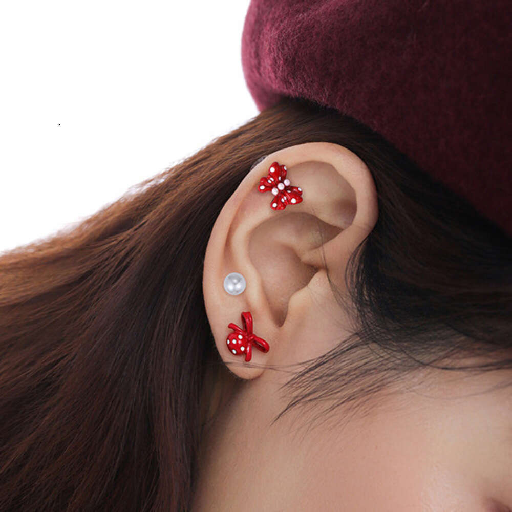 Red Polka Dot Bowknot Combination Ear Bone Cartoon Playful Small Exquisite High-end Feel Cute Stud Earrings for Women