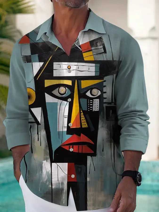 2024 New Mens 3D Art Painting Fashion Printed Single Chest Long Sleeve Casual Shirt Mens Loose Collar Long Sleeve X250410