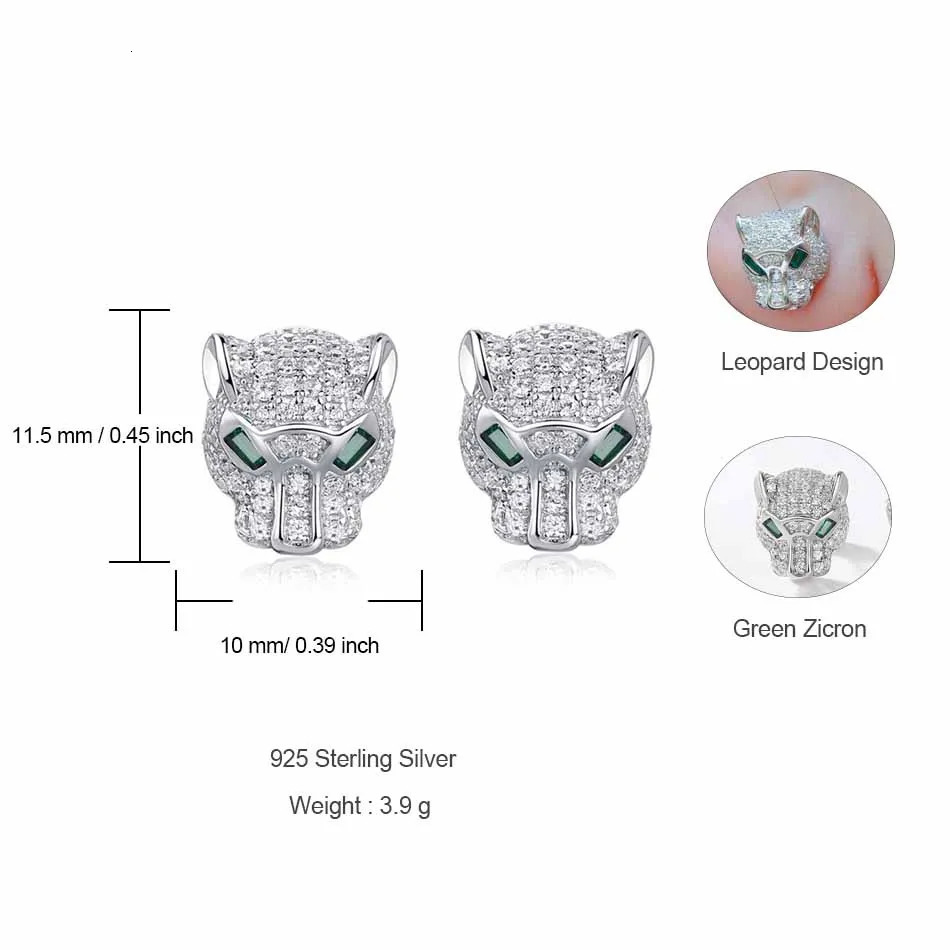 ALLNOEL 100% 925 Silver Stud Earrings For Women Leopard Head Green CZ Eye Panther Animal Jewelry Hip Hop Punk Gift Wholesale 250409