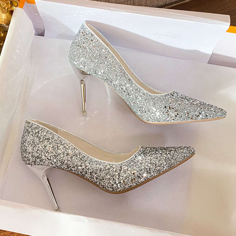 Woman Sandals Wedding Shoes Women Winter Bridal Sequined Wedding Dress Two In One Crystal Shoes New Silver Bridesmaid High Slim Heels Not Tiring For F